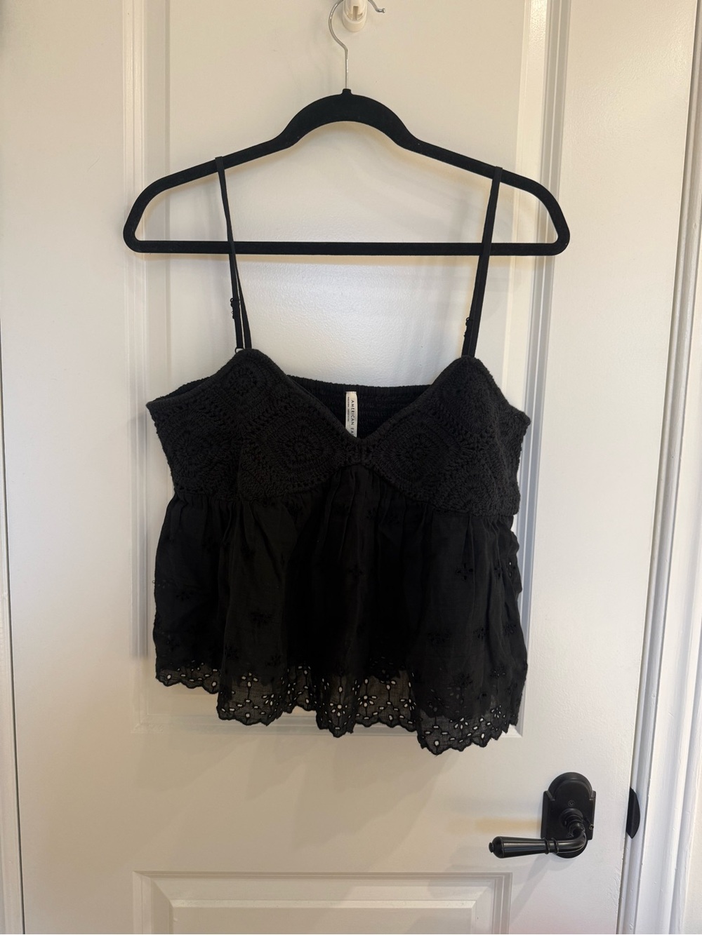 Black Crochet-Top Spaghetti Strap Women's Tank